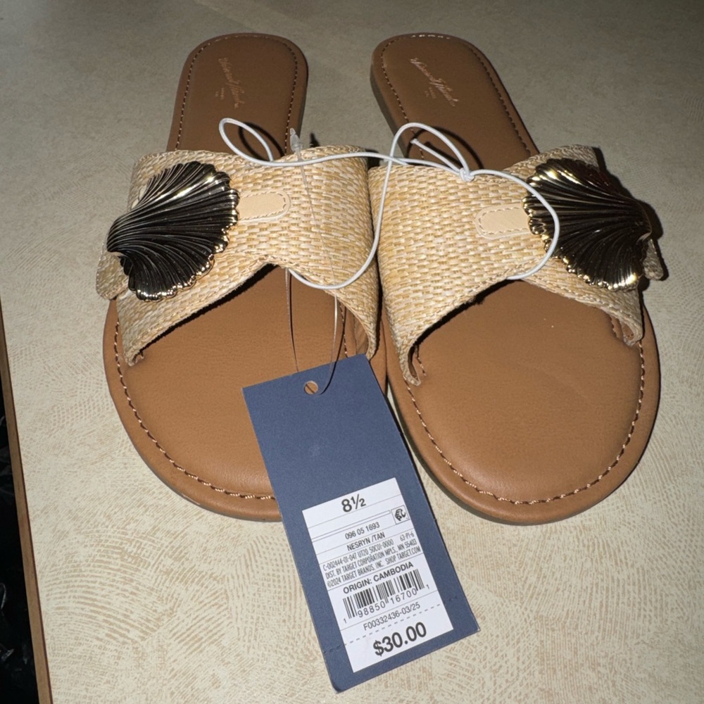 Woven Shell-Embellished Slide Sandals - Tan